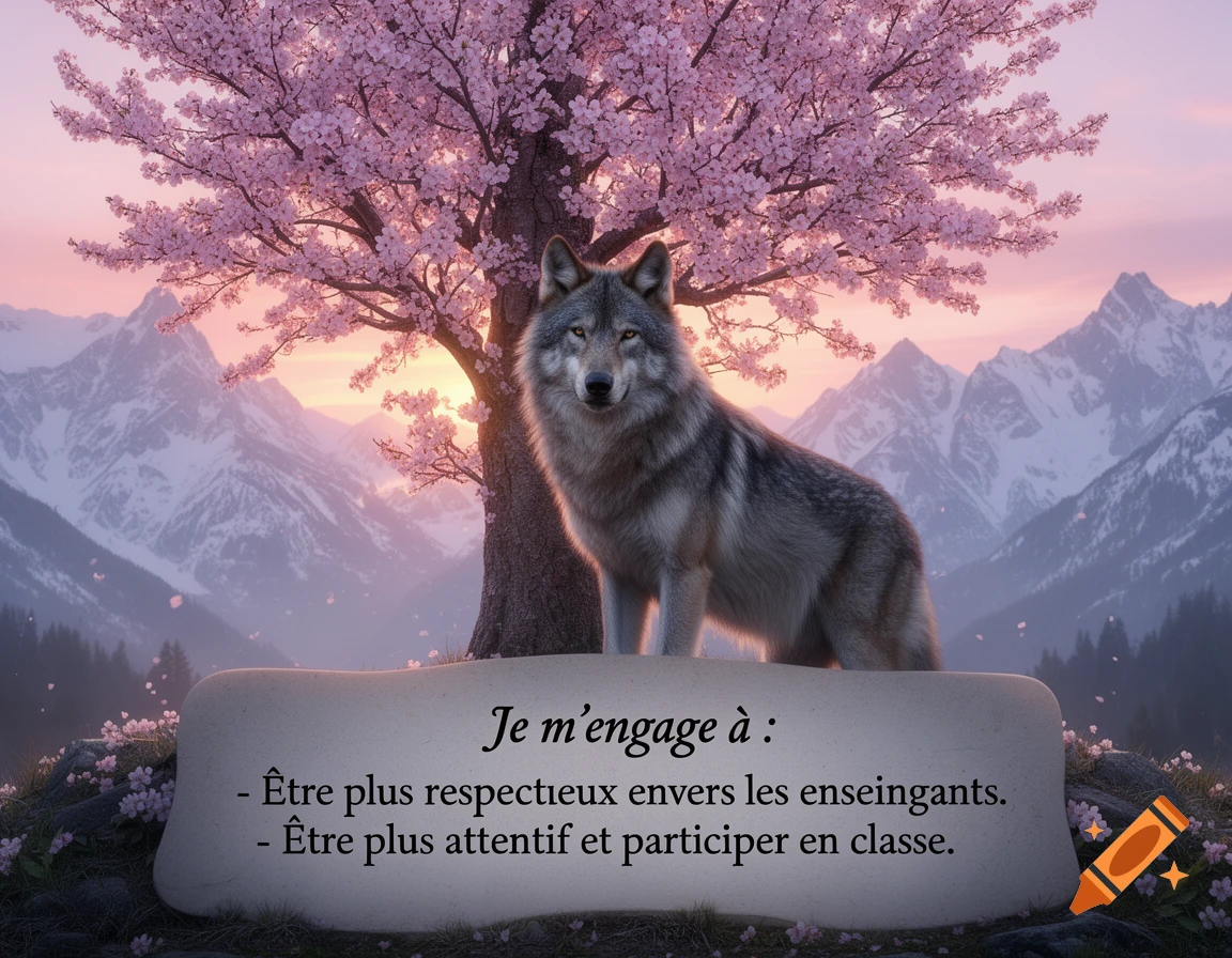 A majestic wolf stands before a cherry blossom tree with snow-capped mountains at sunset, featuring an inspirational message.