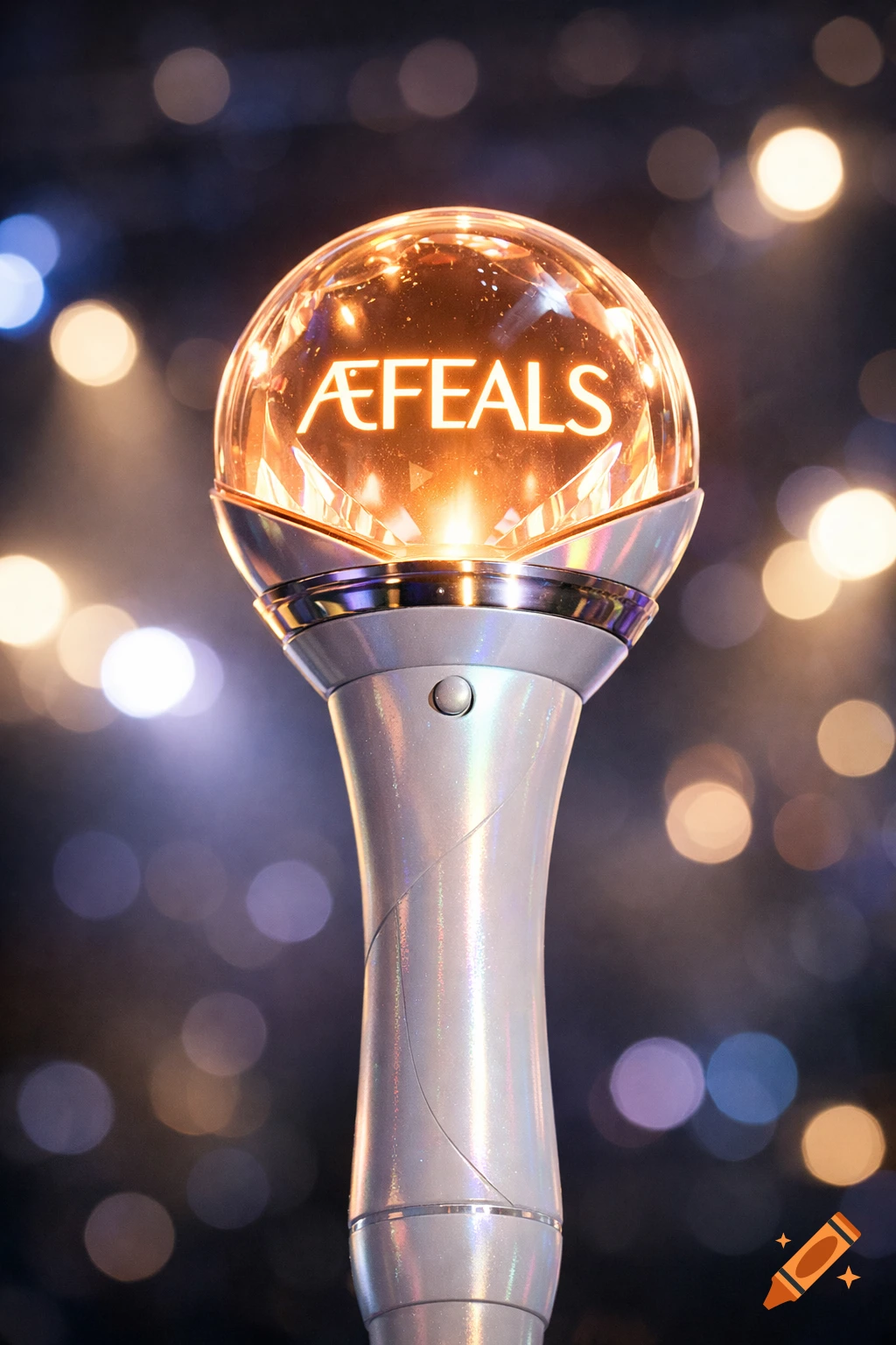 A glowing K-pop lightstick with 'ÆFEALS' inscribed on its crystal sphere, against a blurry background of colorful lights.