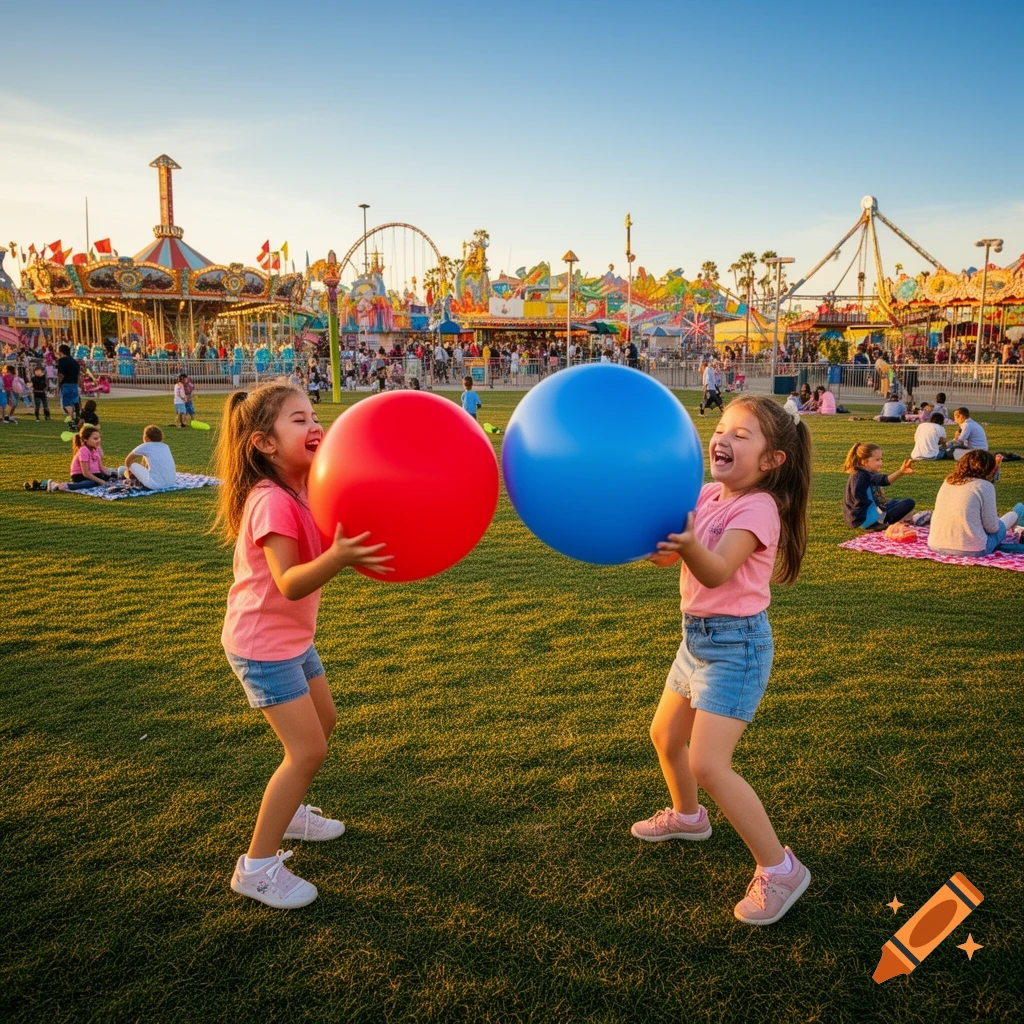 Two young girls happily playing with large red and blue balloons on a grassy field with a lively fair in the background at sunset.