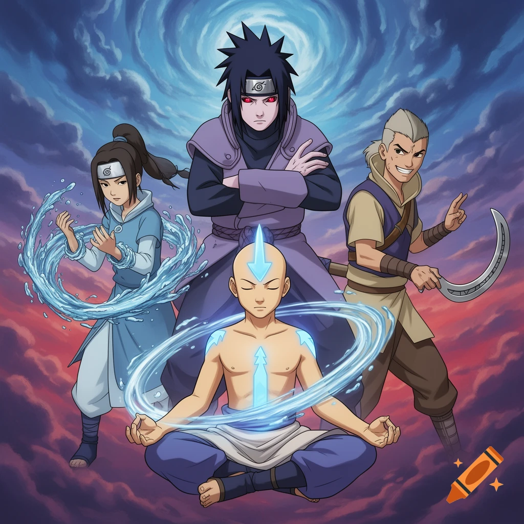 Four anime-style characters: Sasuke, Katara, Aang, and Sokka, stand against a dramatic swirling sky. Aang meditates with glowing air current, Katara waterbends, Sasuke has red eyes, and Sokka holds a weapon.