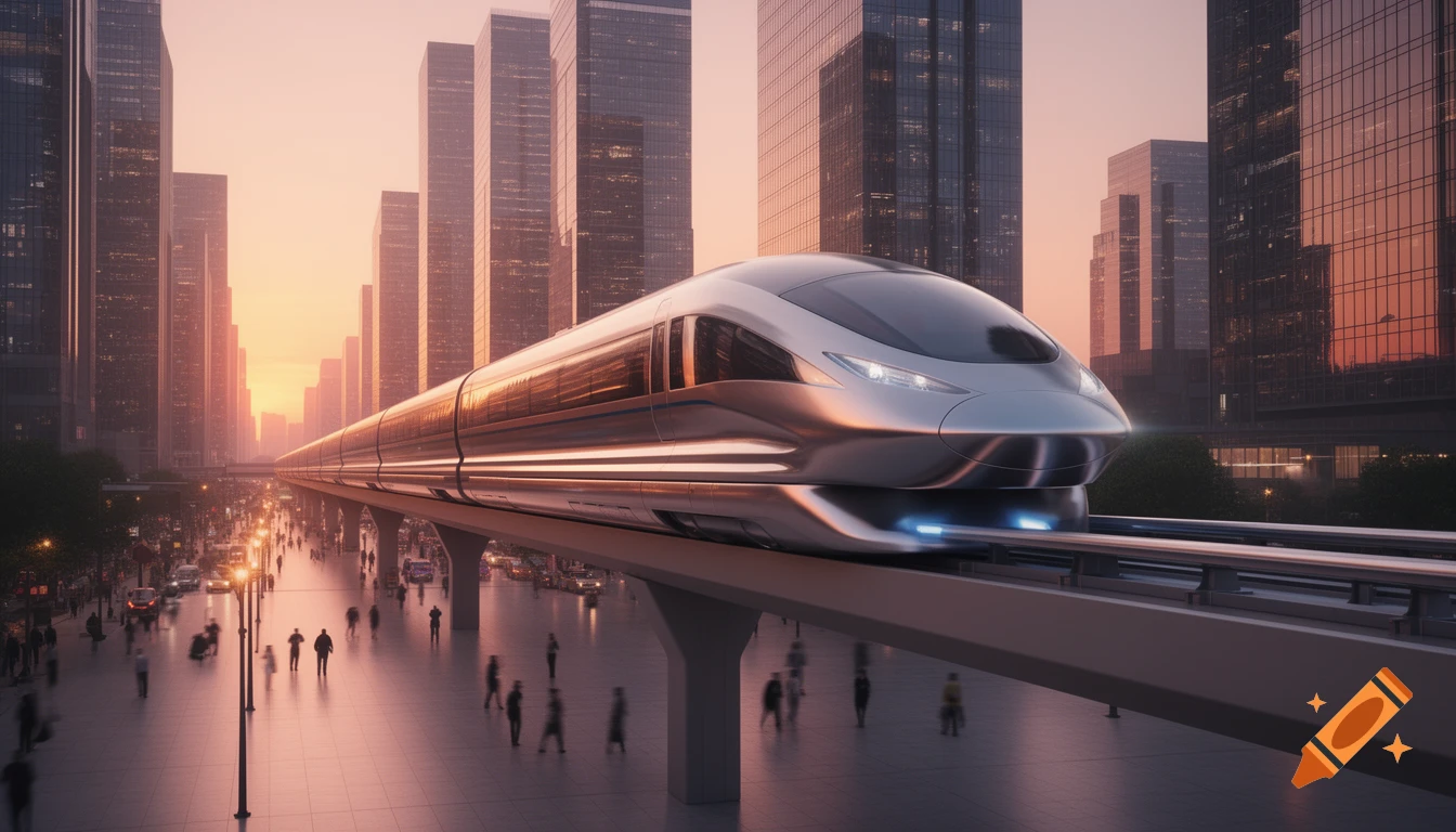 A sleek silver futuristic maglev train glides on an elevated track through a modern city at sunset, with busy streets below.
