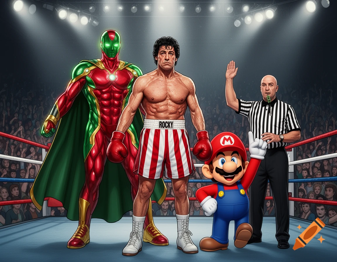 Rocky Balboa, Marvel's Vision, Mario, and a referee stand in a boxing ring with a cheering crowd in a comic art style.