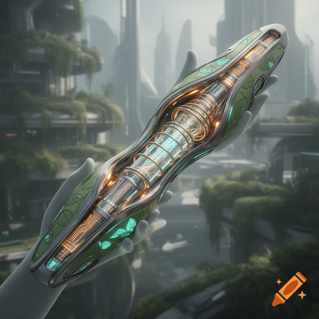 A pair of hands holds a futuristic green and metallic energy device with glowing coils, set against a solarpunk city landscape.
