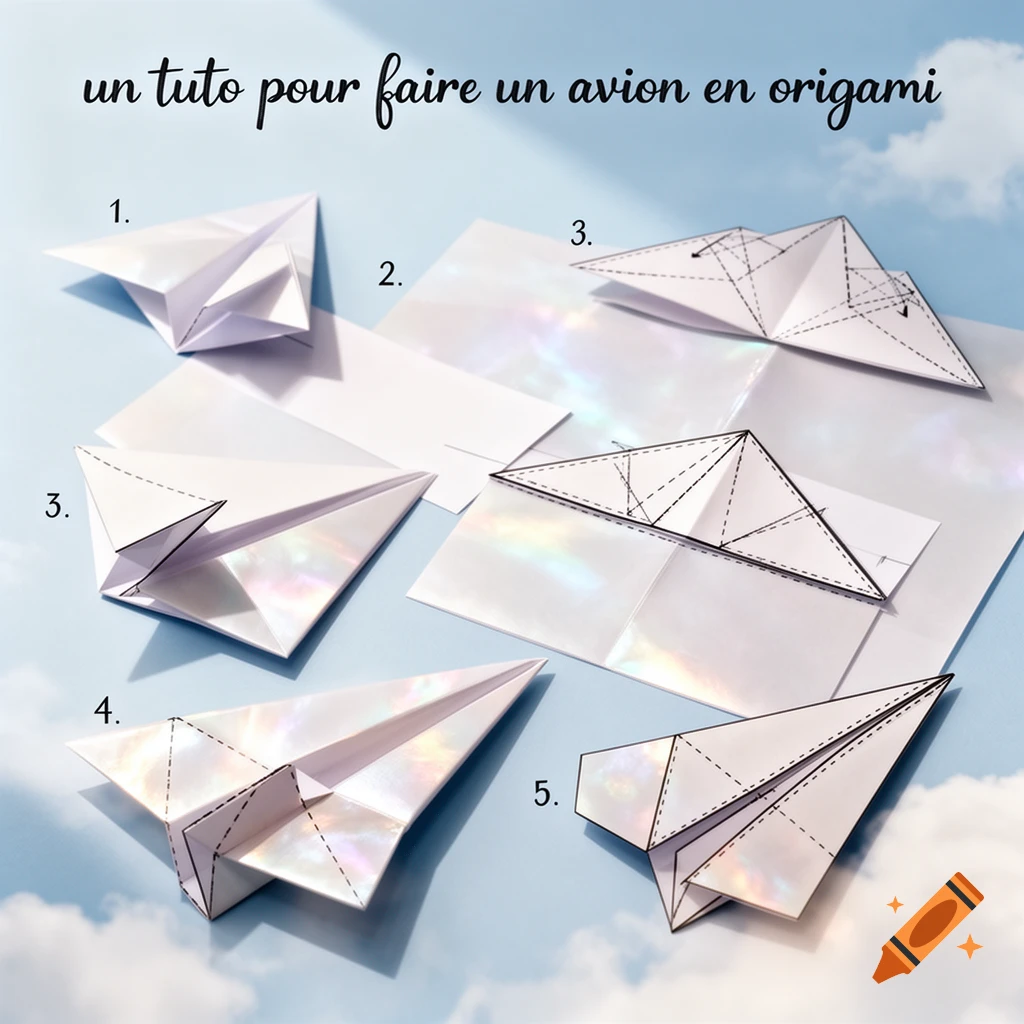 Step-by-step tutorial showing five stages of folding white paper into an origami airplane, against a light blue sky with clouds.