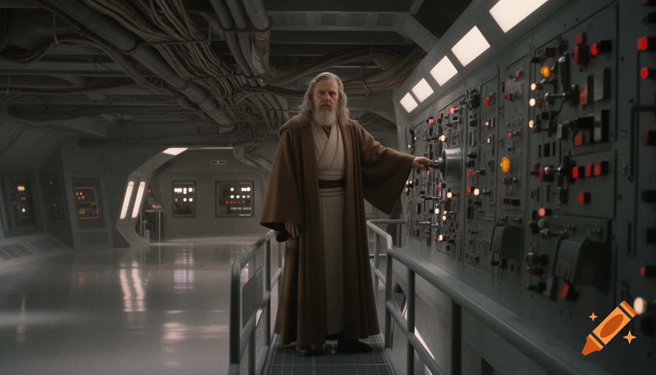 An old man with a long beard and brown robe stands on a walkway in a sci-fi control room, reaching for a panel of buttons.