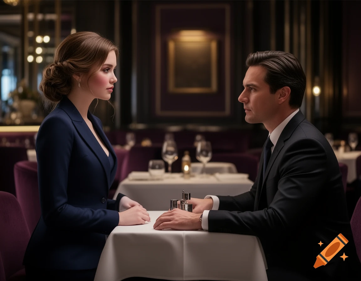 A man and a woman in formal wear sit across from each other at a dinner table in a luxurious restaurant, a serious expression on their faces.