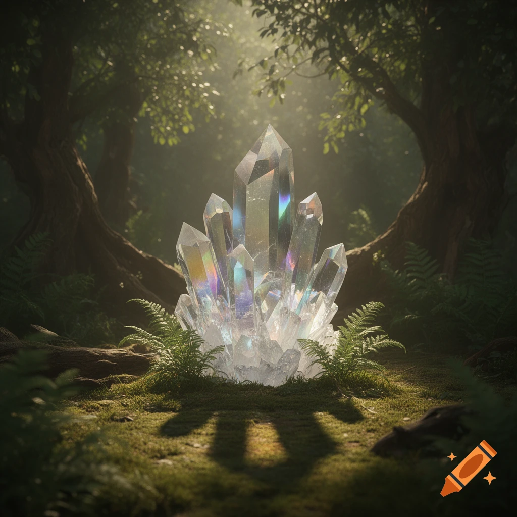 A large, clear crystal formation with rainbow refractions glows in a lush, misty forest clearing, illuminated by a sunbeam.