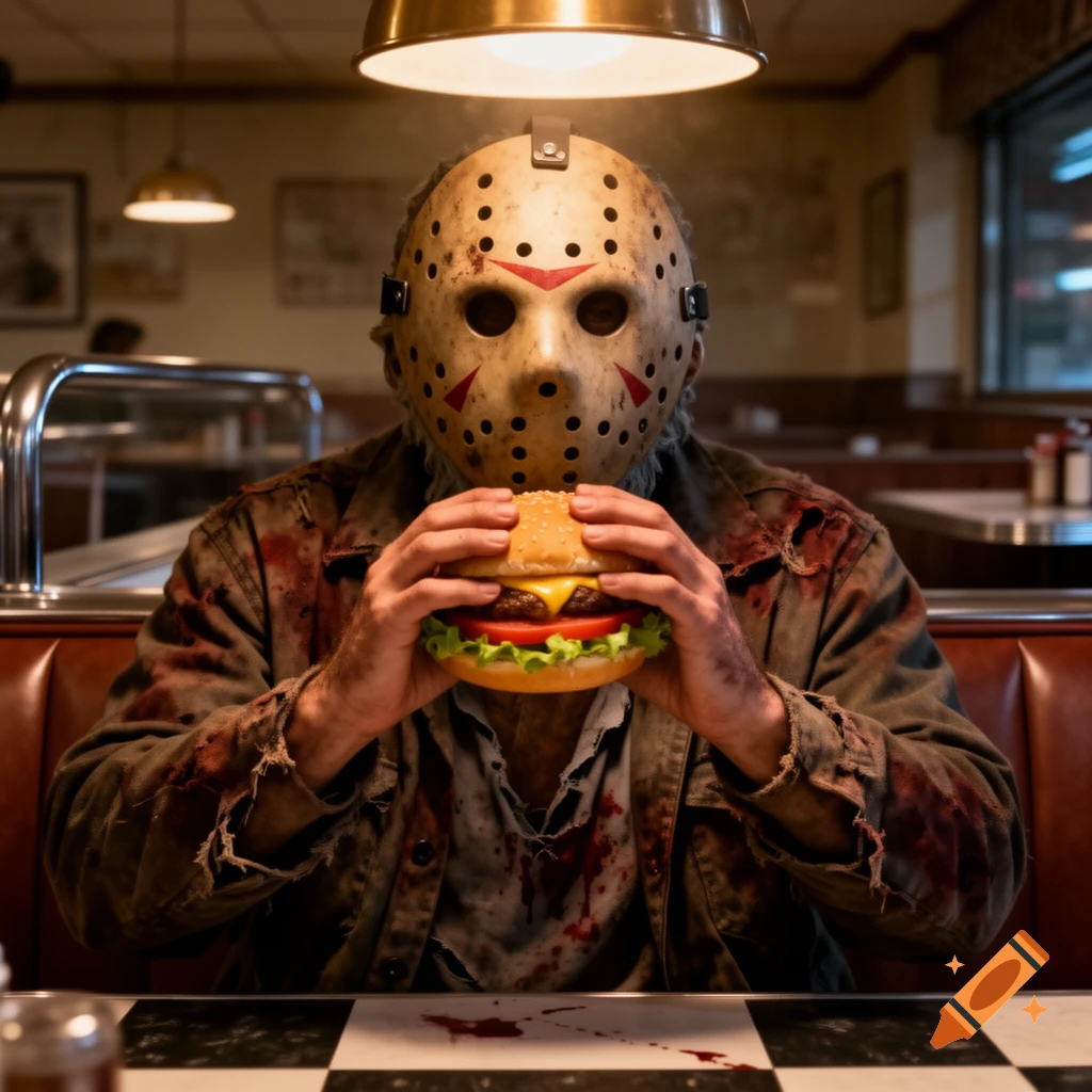 Jason Voorhees, in his iconic hockey mask and blood-splattered clothing, sits in a diner booth holding a hamburger.
