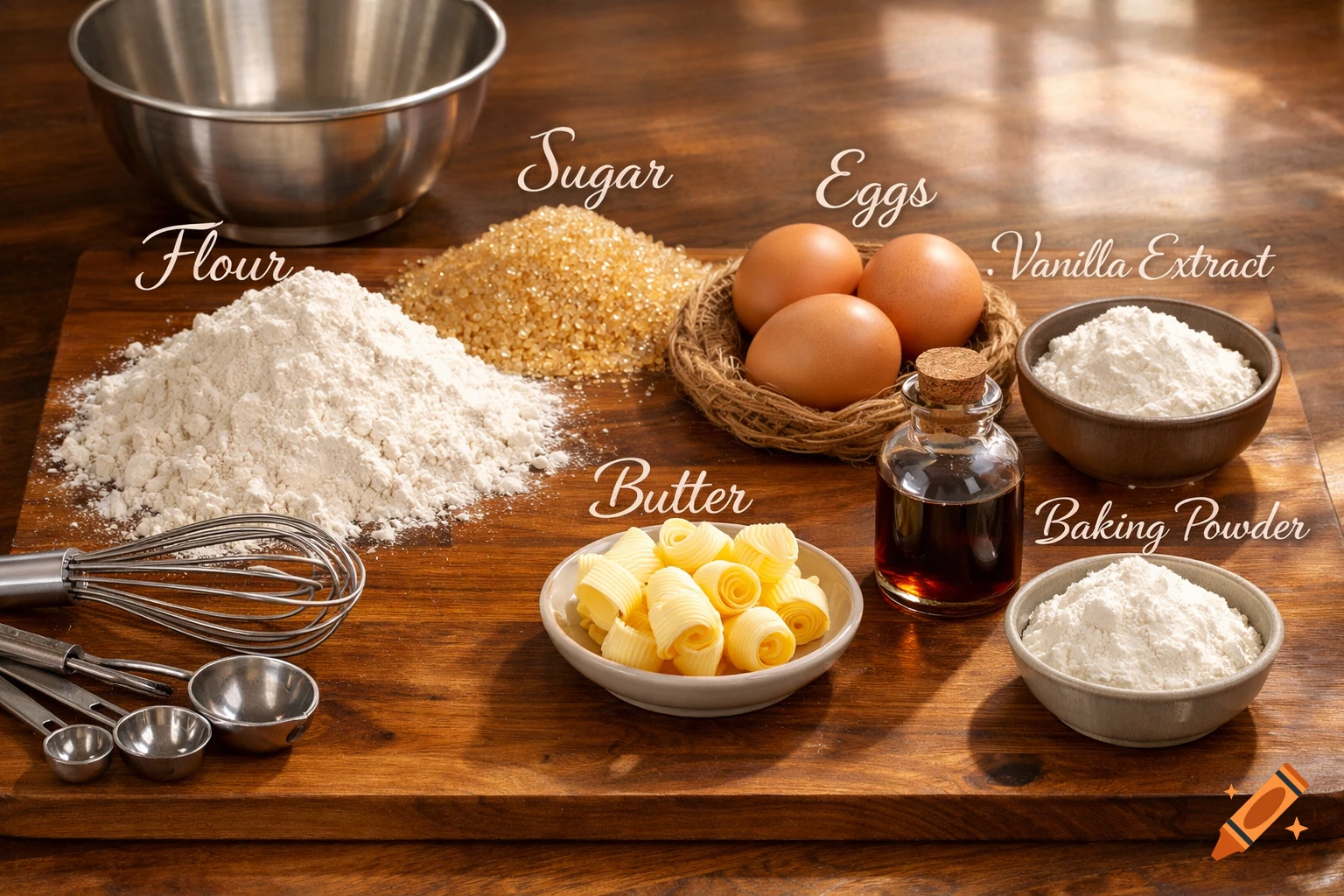 A flat lay photo of cake ingredients including flour, sugar, eggs, butter, vanilla extract, and baking powder on a wooden board, with text labels.