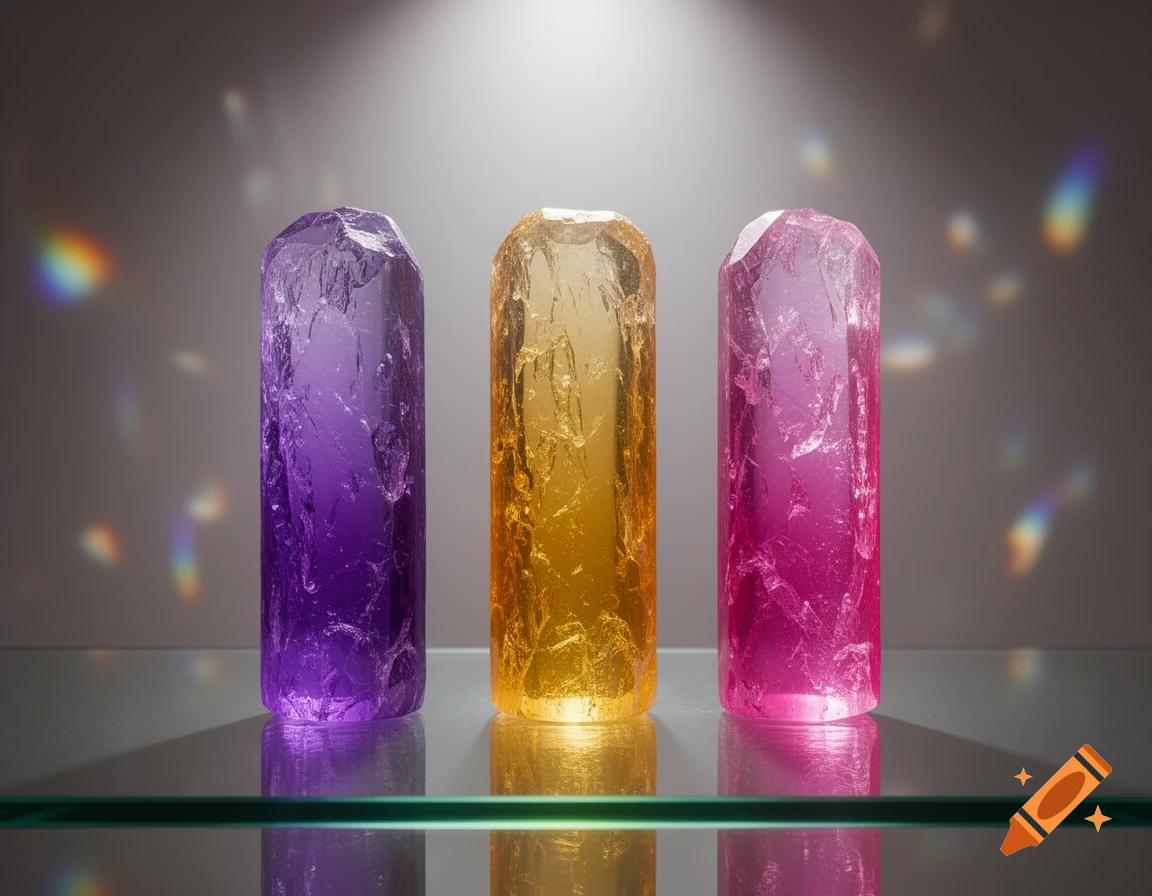 Three photorealistic, raw crystal cylinders, one purple, one gold, and one pink, stand on a reflective surface with rainbow light refractions.