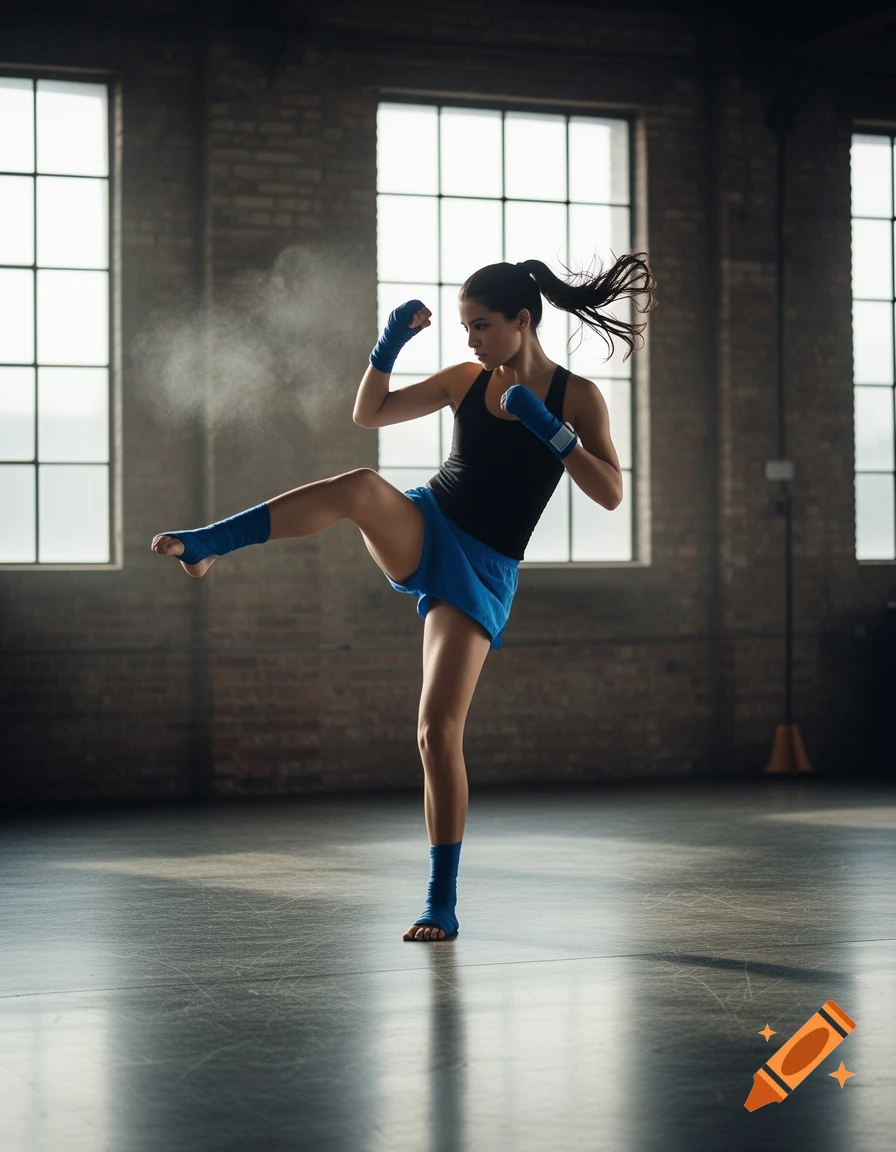 A female kickboxer in blue shorts and wraps performing a high kick in a dimly lit gym with large windows.