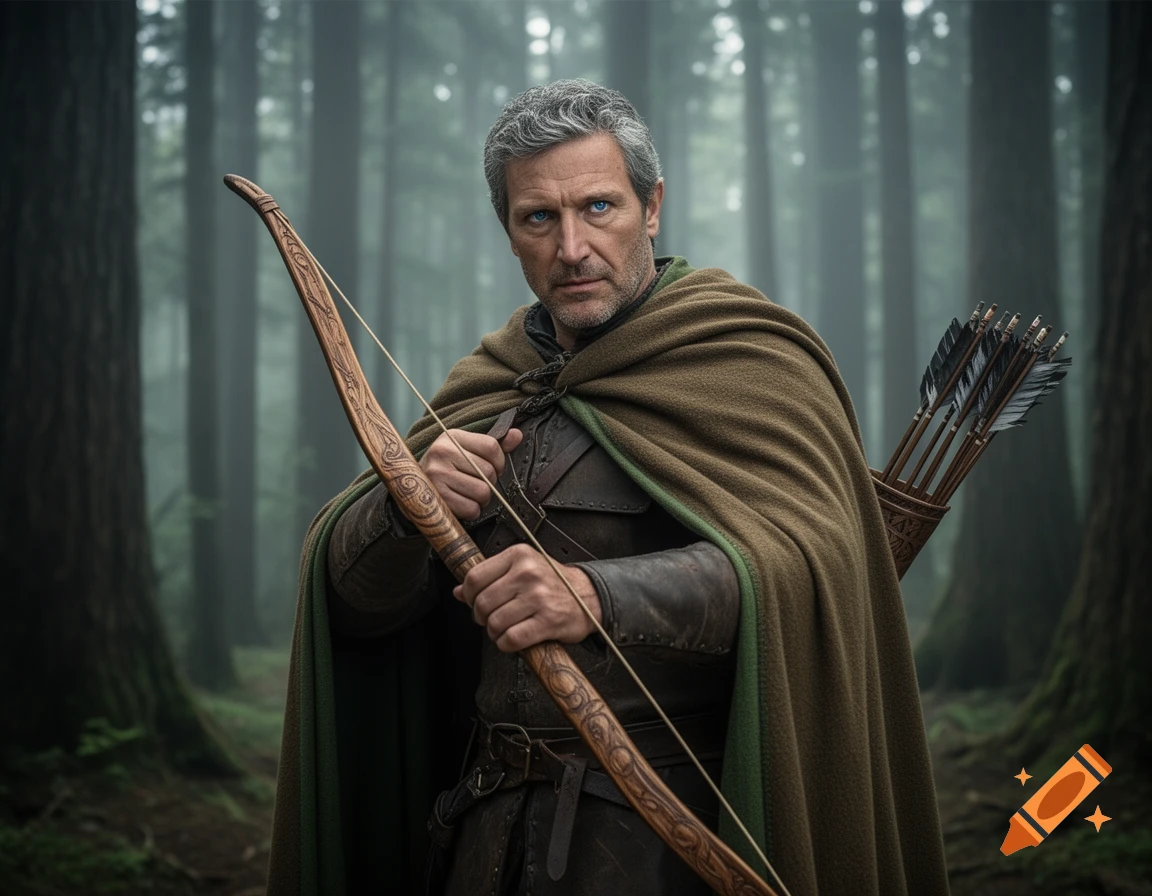 A stern, gray-haired medieval archer in a brown cape and leather armor holds a carved bow in a foggy forest.