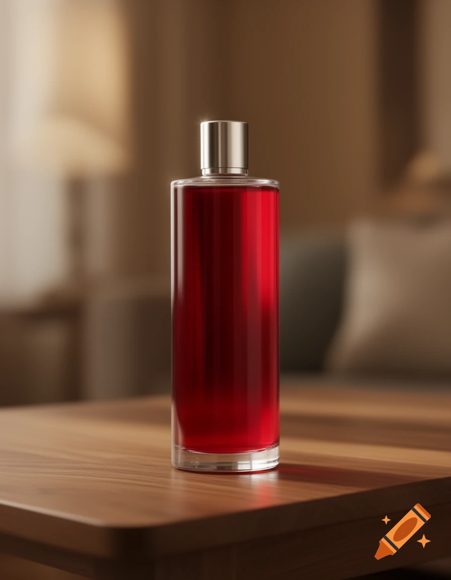 A photorealistic image of a tall, cylindrical bottle with a silver cap, filled with deep red liquid, sitting on a wooden table in a softly lit room.