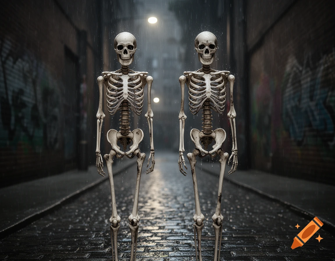 Two photorealistic skeletons stand upright in a dark, rainy alleyway with wet cobblestones and graffiti-covered walls.