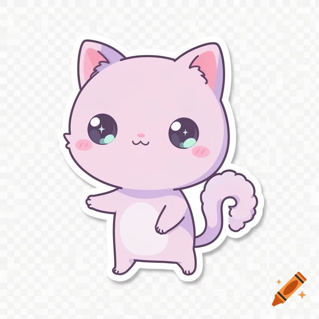 A cute, pastel pink kawaii cat sticker with big sparkling eyes, rosy cheeks, and a curly tail on a transparent background.