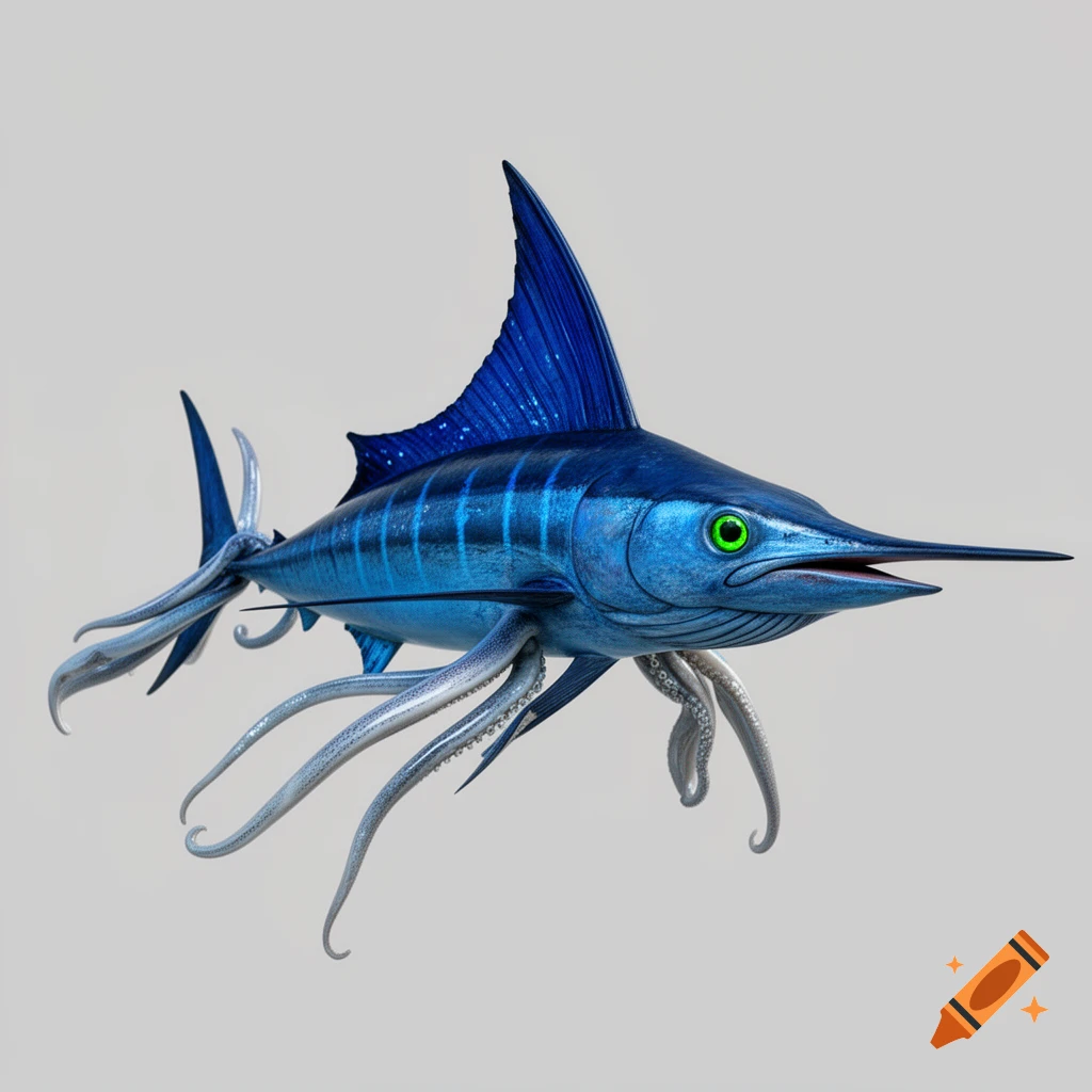 A blue marlin-squid hybrid creature with green eyes and tentacles instead of a tail, on a light grey background.