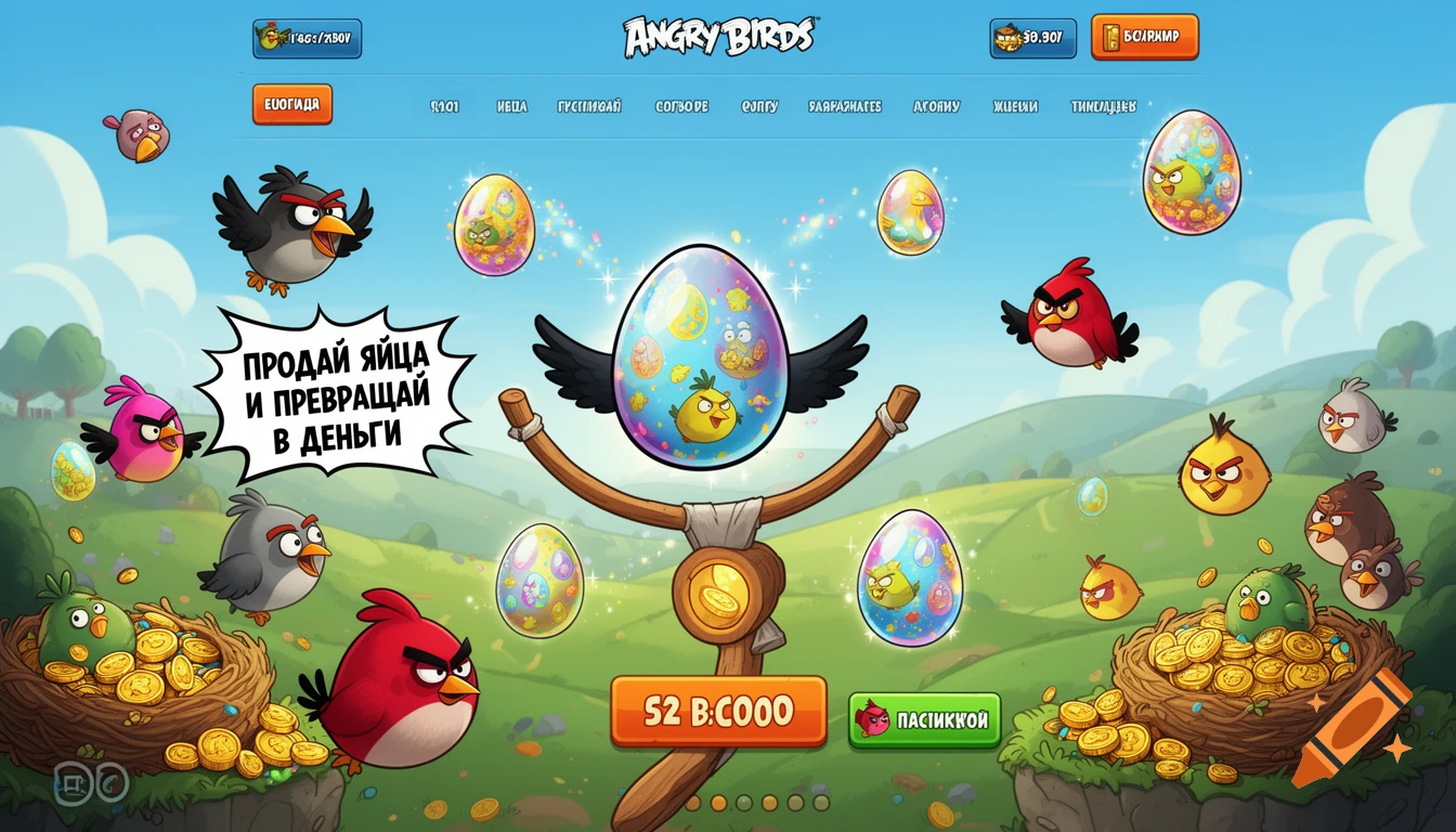 Cartoon game interface resembling Angry Birds, with various birds, nests full of gold coins, and magical eggs floating in a green landscape. A large egg with wings is at the center, above a slingshot. A speech bubble says "SELL EGGS AND TURN INTO MONEY" in Russian, while other UI text is partially gibberish.