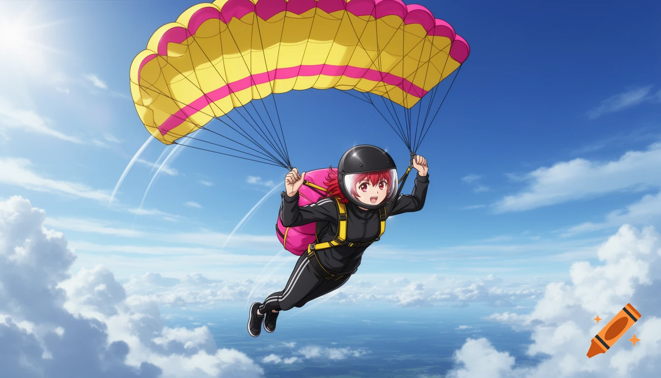 An anime stuntwoman with red hair, black helmet, and black tracksuit parachutes with a yellow and pink chute against a blue sky with clouds.
