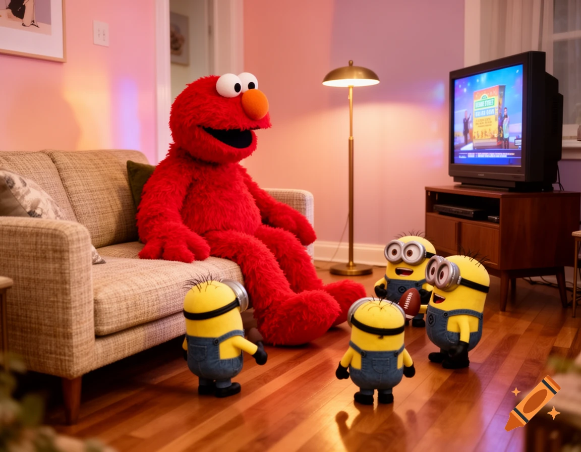 A large red Elmo plush sits on a sofa with three Minion plush toys on the floor, all watching a TV in a living room.