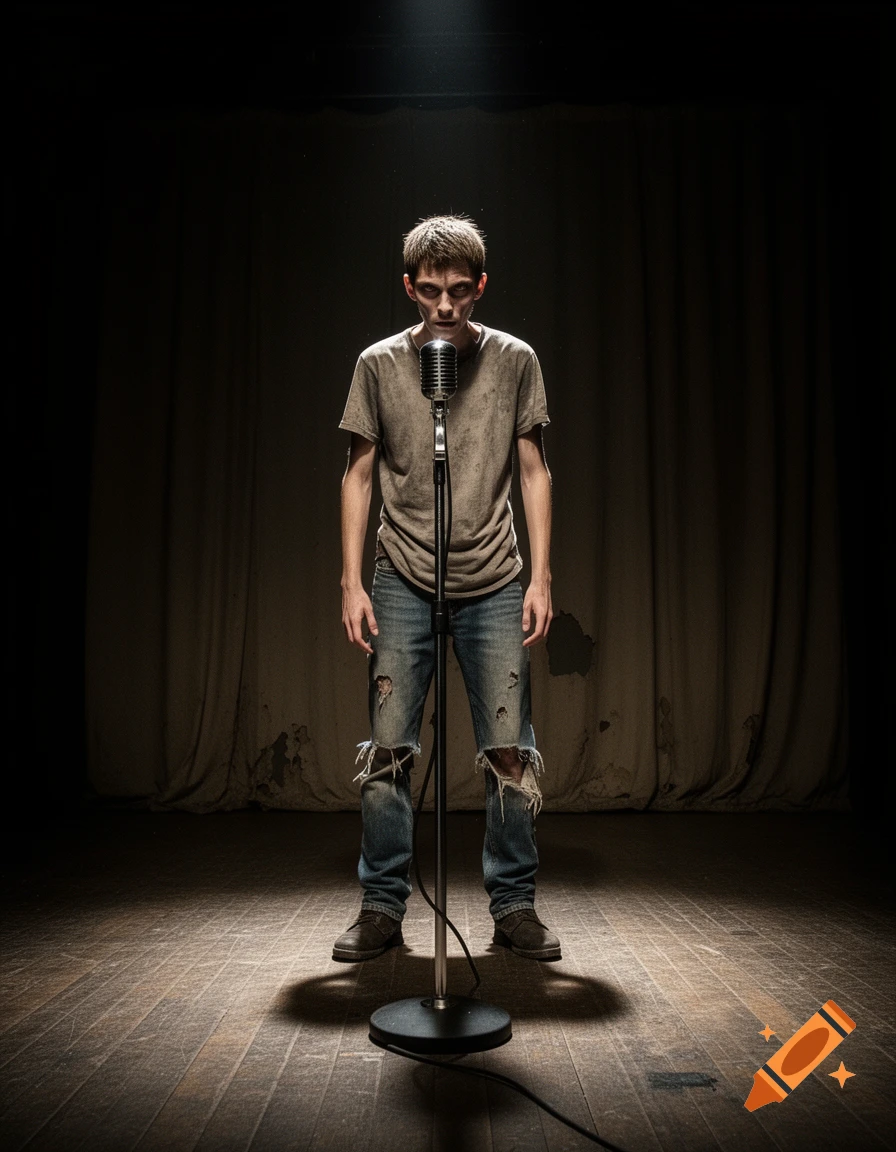 A gaunt young man in torn jeans stands under a spotlight on a dimly lit stage, facing a vintage microphone in a photorealistic style.