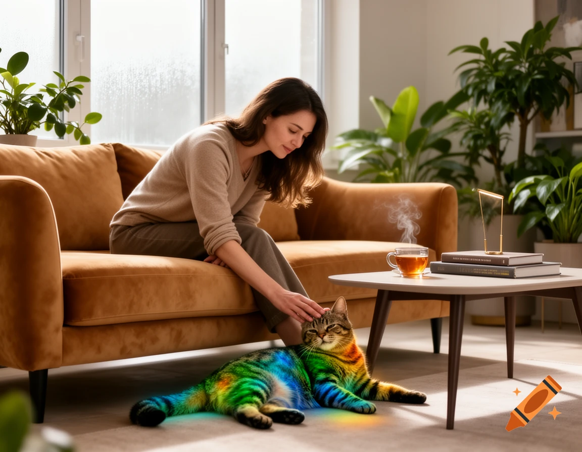 A woman seated on a couch pets a rainbow-colored cat lying on the floor in a bright living room.