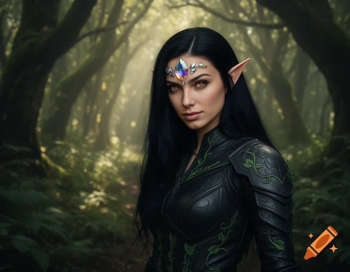 Photorealistic portrait of an elf-like woman with long black hair ...