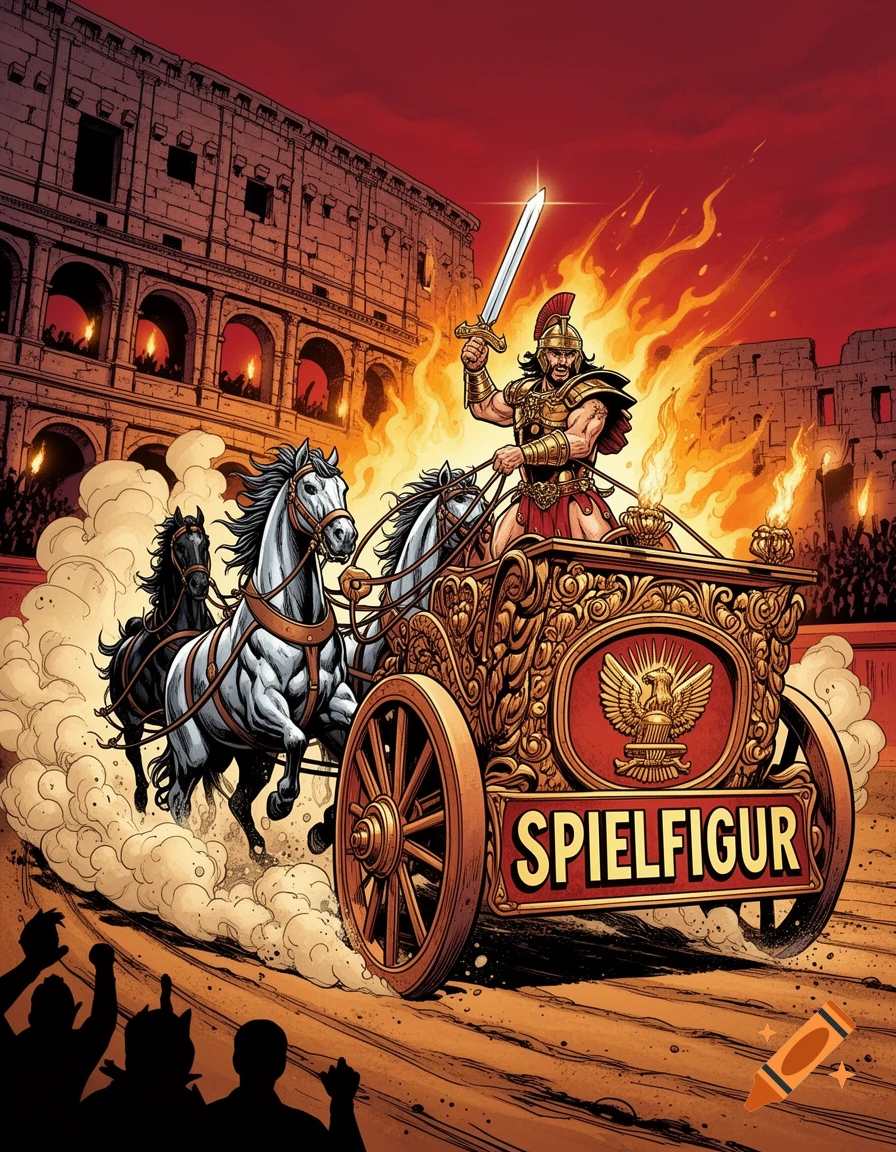 Comic art of a gladiator in a fiery chariot race within a Roman coliseum, holding a sword. "SPIELFIGUR" is written on the chariot.
