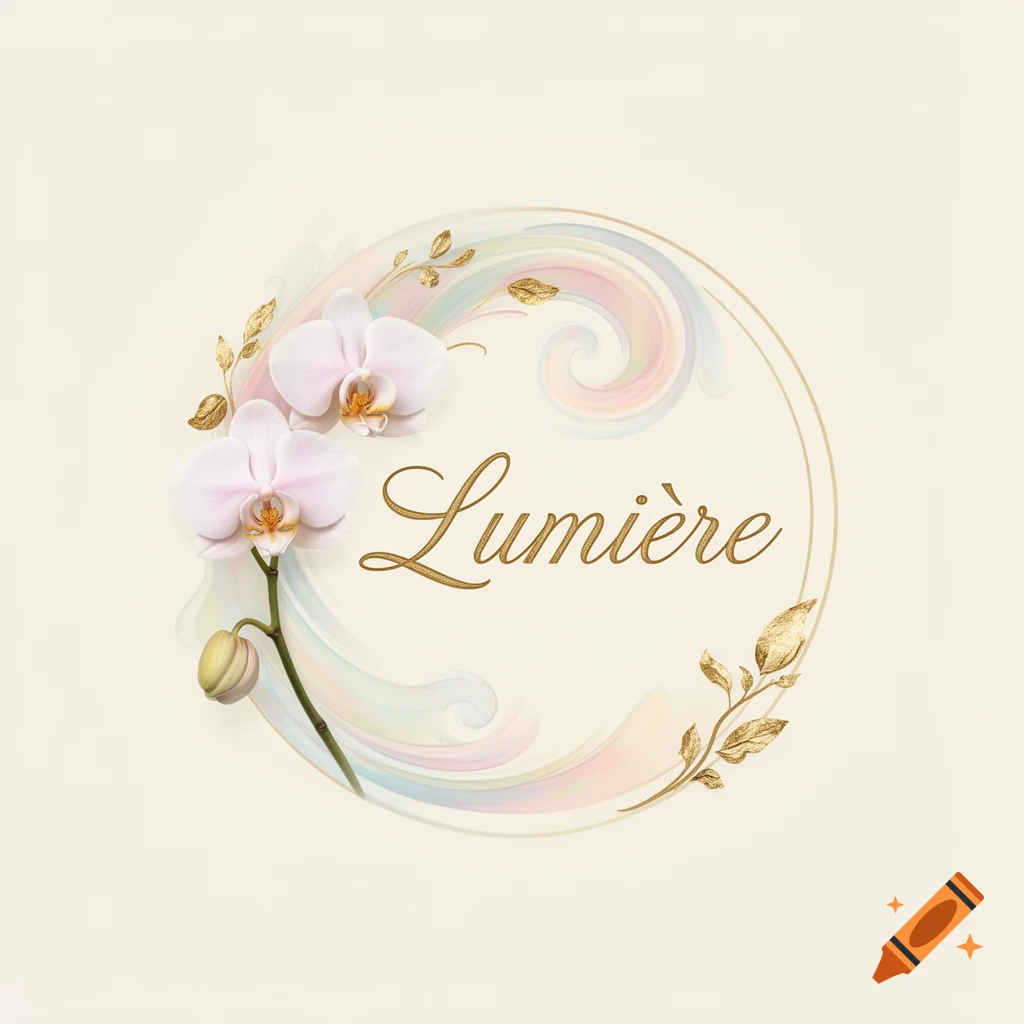 A perfume brand logo with the name "Lumière" in gold script, surrounded by pink orchids, a bud, and delicate gold leaves within a circular frame on a light beige background with pastel swirls.