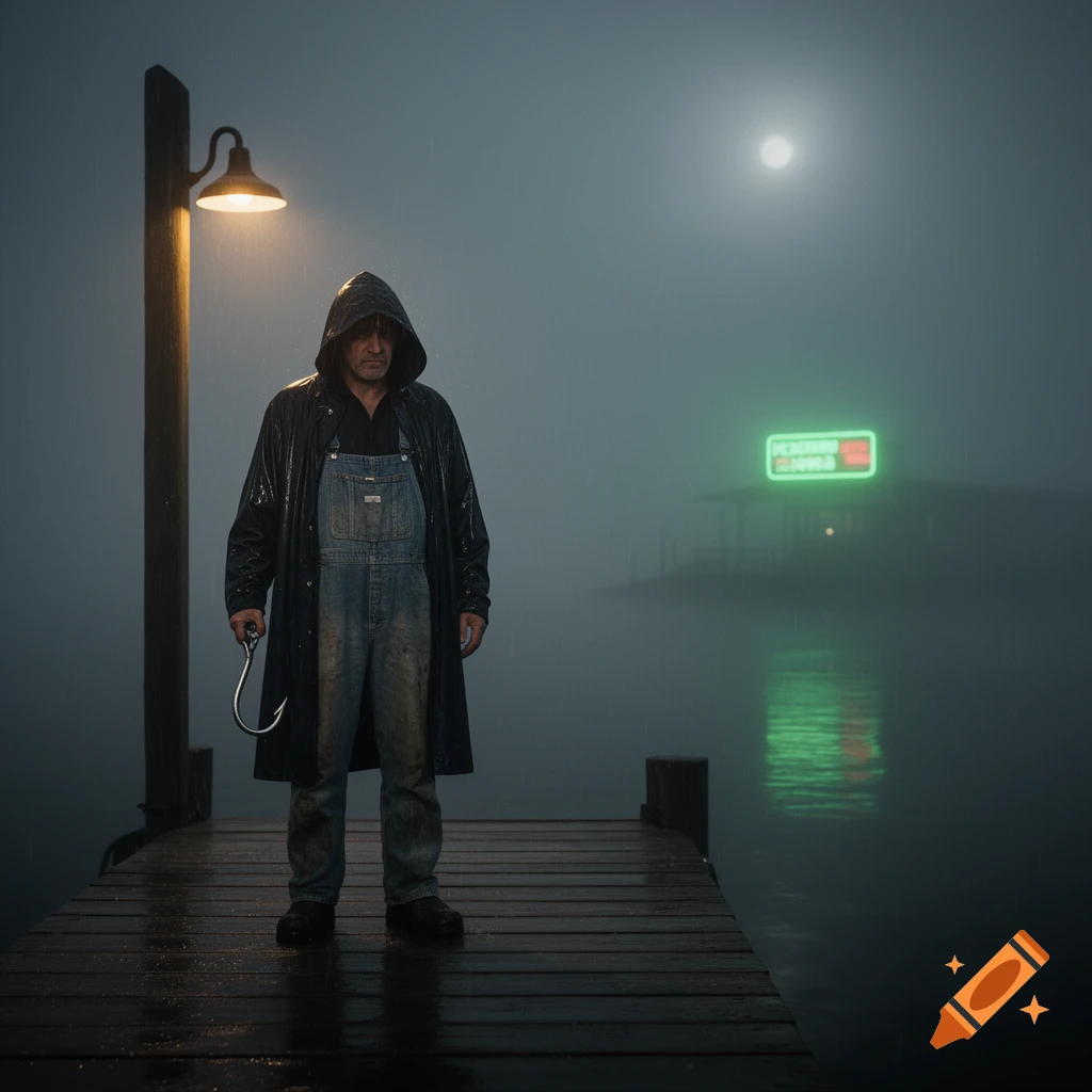 A man in a black raincoat and denim overalls holding a large hook stands on a wet wooden dock in heavy fog under a street lamp. A glowing green sign is visible in the distant background over the water, under a full moon.