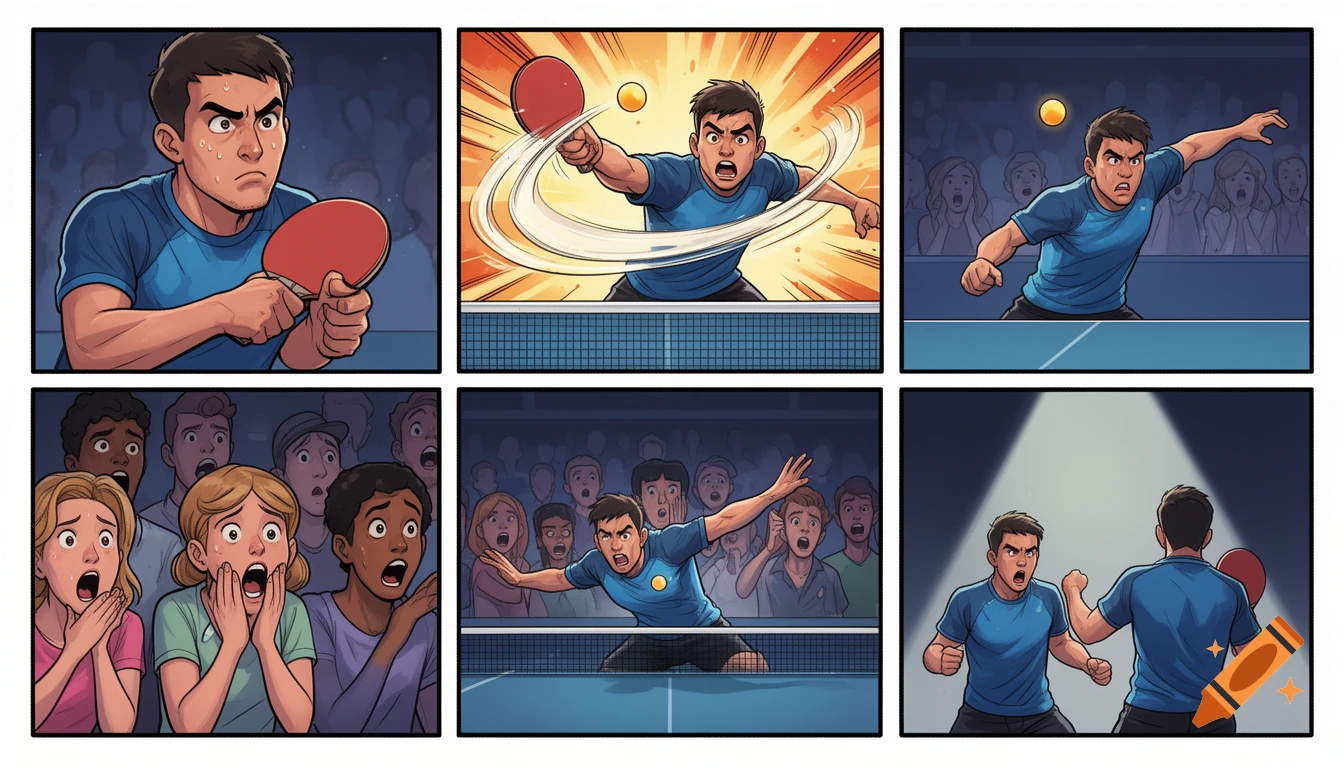 A 6-panel comic strip in cartoon style showing a male player's intense emotions during a table tennis match, with shocked spectators.