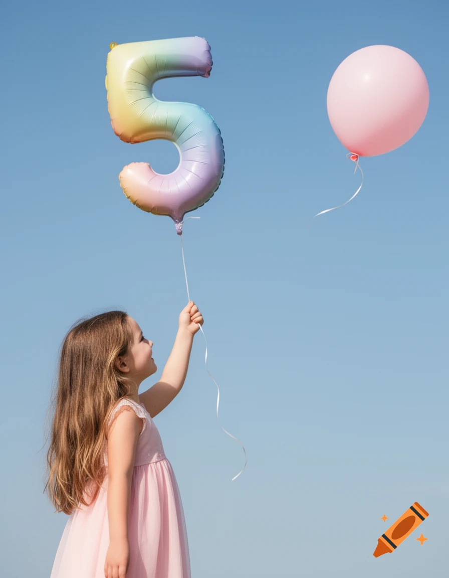 A young girl in a pink dress holds a large rainbow '5' balloon under a clear blue sky, with a pink round balloon floating nearby.