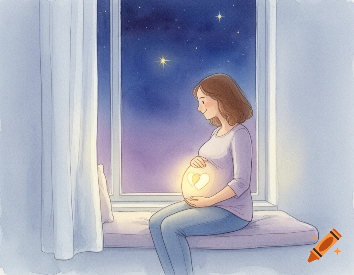 A watercolor illustration of a pregnant woman sitting on a window seat at night, smiling at her glowing belly with heart shapes.