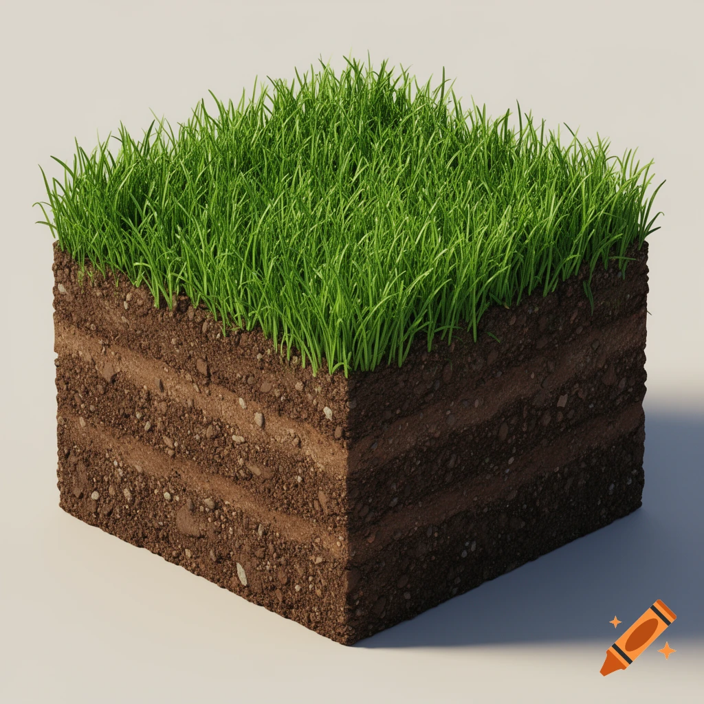 A 3D render of a perfect cubical block of green grass on top of layers of brown soil.
