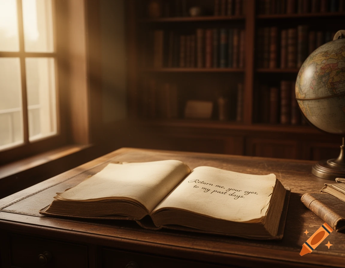 A vintage study desk with an open book displaying text, a globe, and bookshelves, illuminated by natural light from a window.