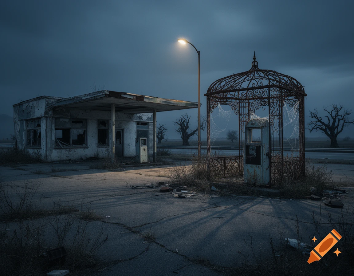 An abandoned gas station with a rusty, ornate gazebo-like structure at night under a dark sky, lit by a single streetlamp.
