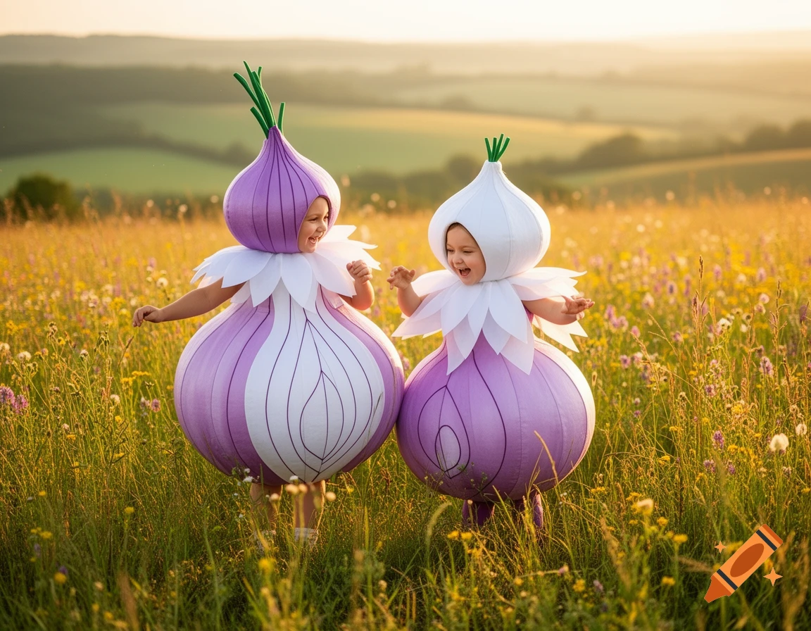 Two laughing children in whimsical purple and white onion costumes play in a sunny field of wildflowers.