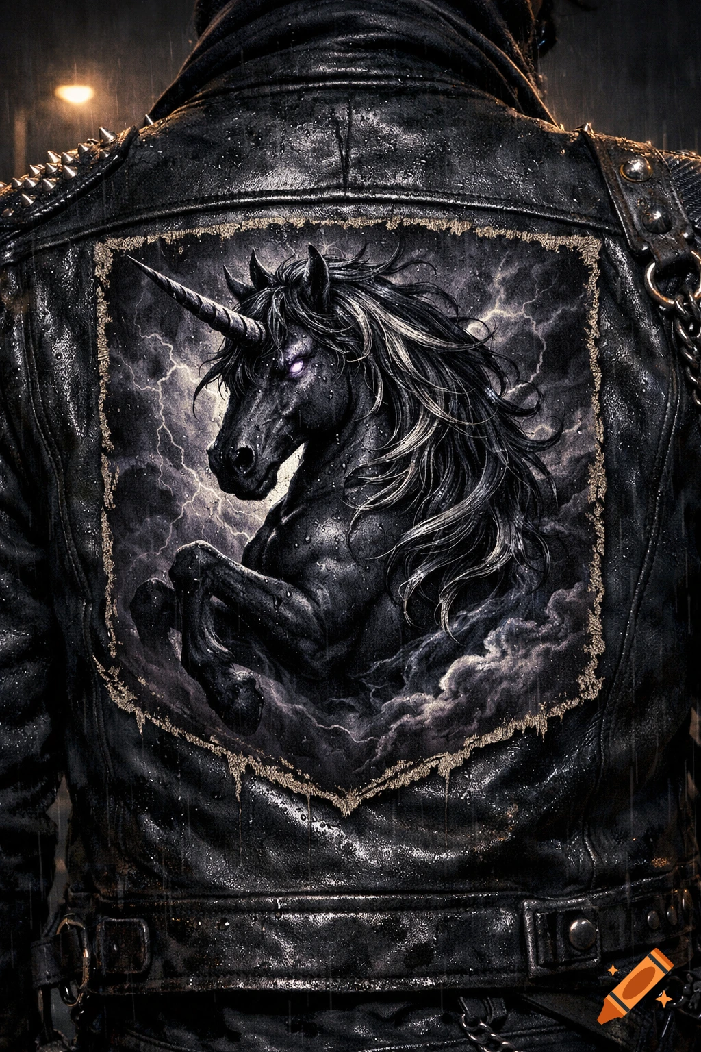 A dark, gritty image showing the back of a person in a studded, wet leather jacket, featuring a patch of a majestic dark unicorn rearing amidst lightning and stormy clouds.