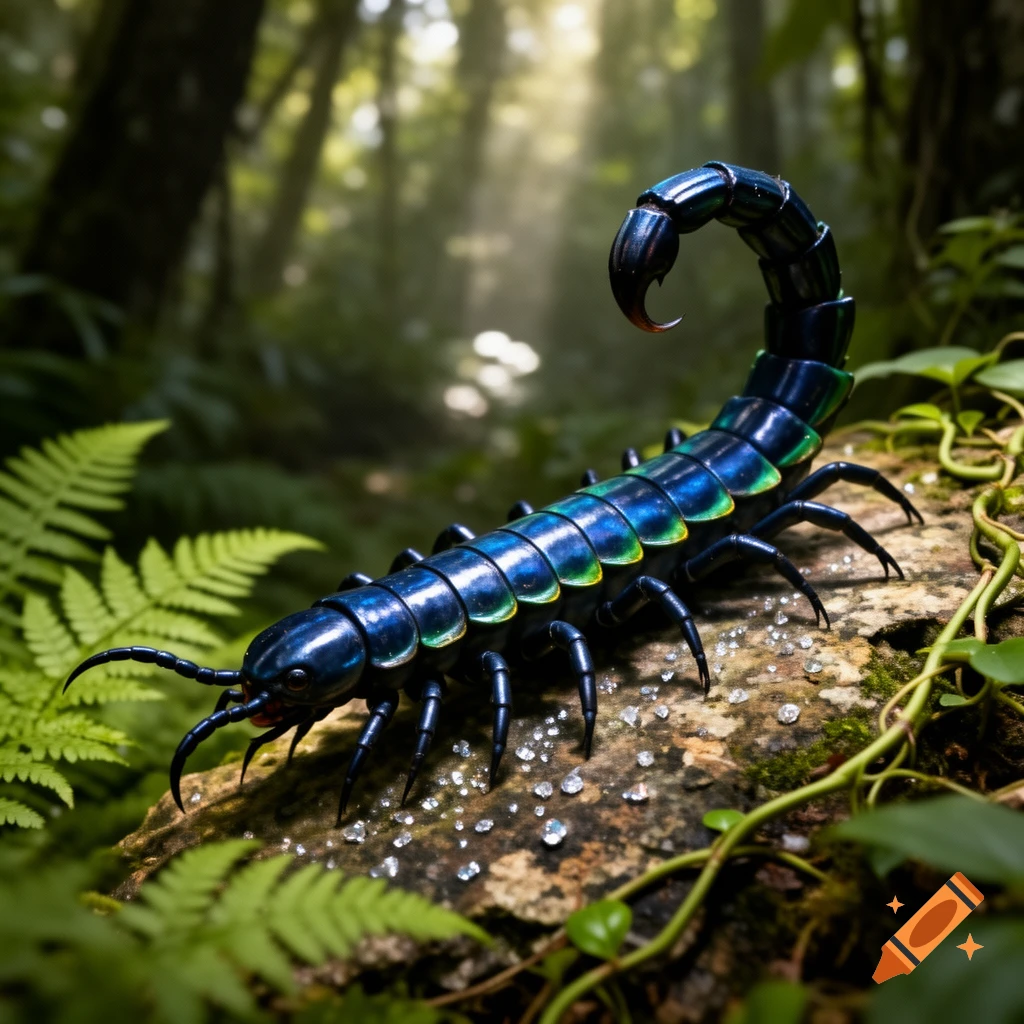 A bioluminescent blue and green centipede-scorpion hybrid crawls across a mossy log in a sun-dappled forest.