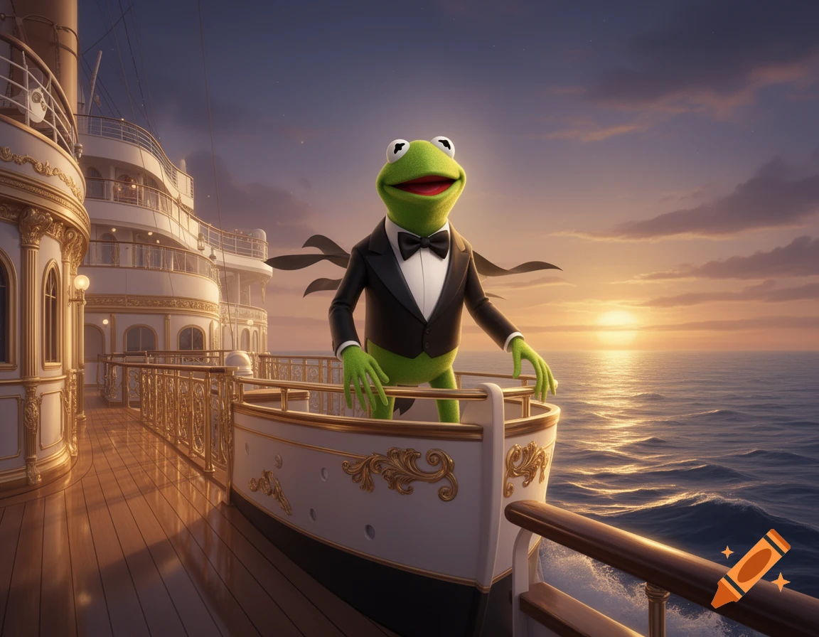 Kermit the Frog in a tuxedo stands on the deck of a luxurious cruise ship at sunset, overlooking the ocean.