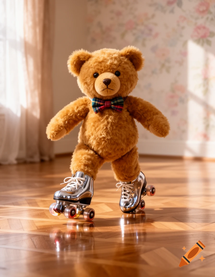 A fluffy brown teddy bear wearing shiny silver roller skates stands on a polished wooden floor in a sunlit room.