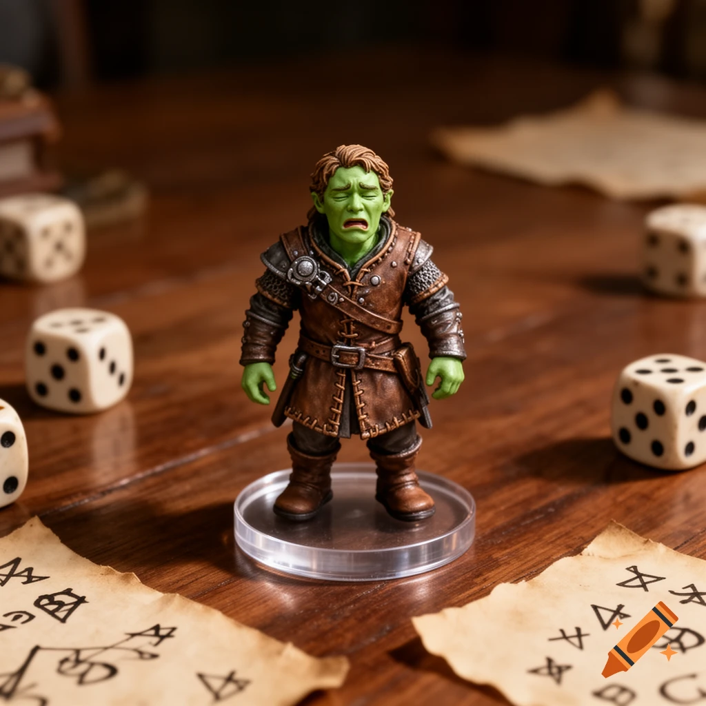 A green-skinned fantasy miniature figure in brown armor, looking nauseated, stands on a wooden table surrounded by gaming dice and ancient papers with runes.