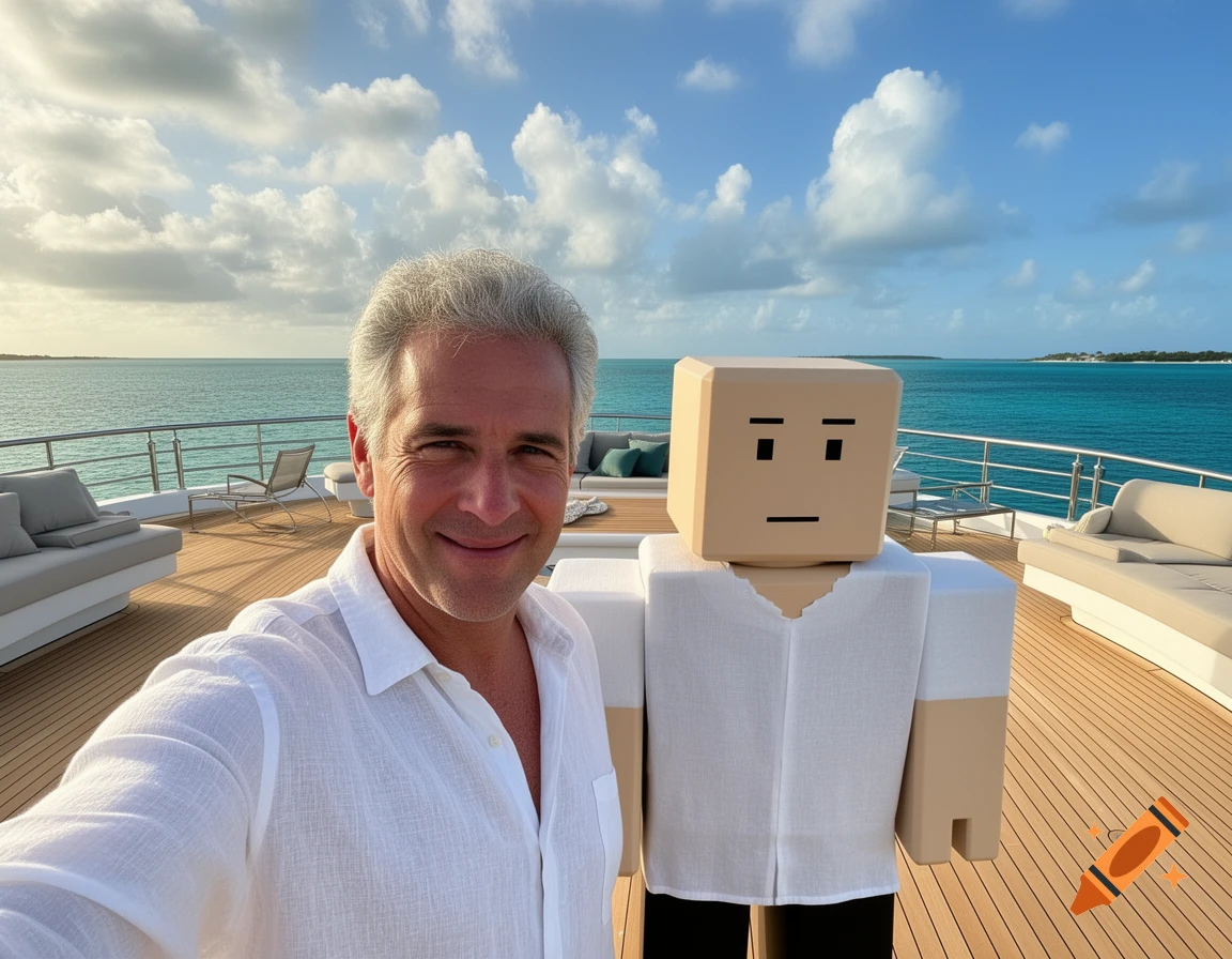 A man with grey hair taking a selfie with a blocky Roblox John Doe character on a yacht in a tropical ocean setting.