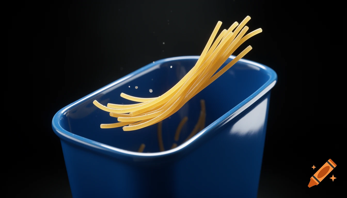 Realistic spaghetti strands floating above a blue container against a deep black background, with soft, dramatic lighting.