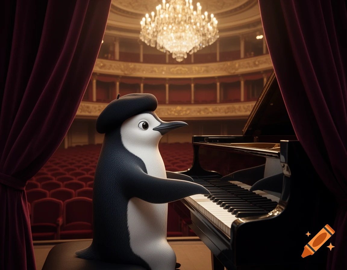A cartoon penguin wearing a beret plays a grand piano on stage in an elegant opera house with red seats and a chandelier.