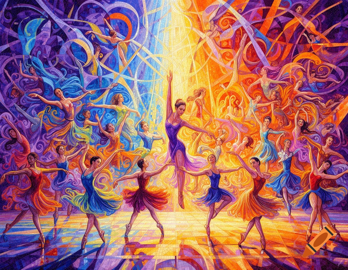 Vibrant abstract mosaic of many female ballet dancers in dynamic poses, split by light into cool and warm tones.