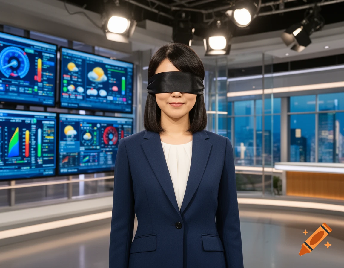 A blindfolded Japanese woman in a blue suit stands in a news studio with screens showing weather data and charts.