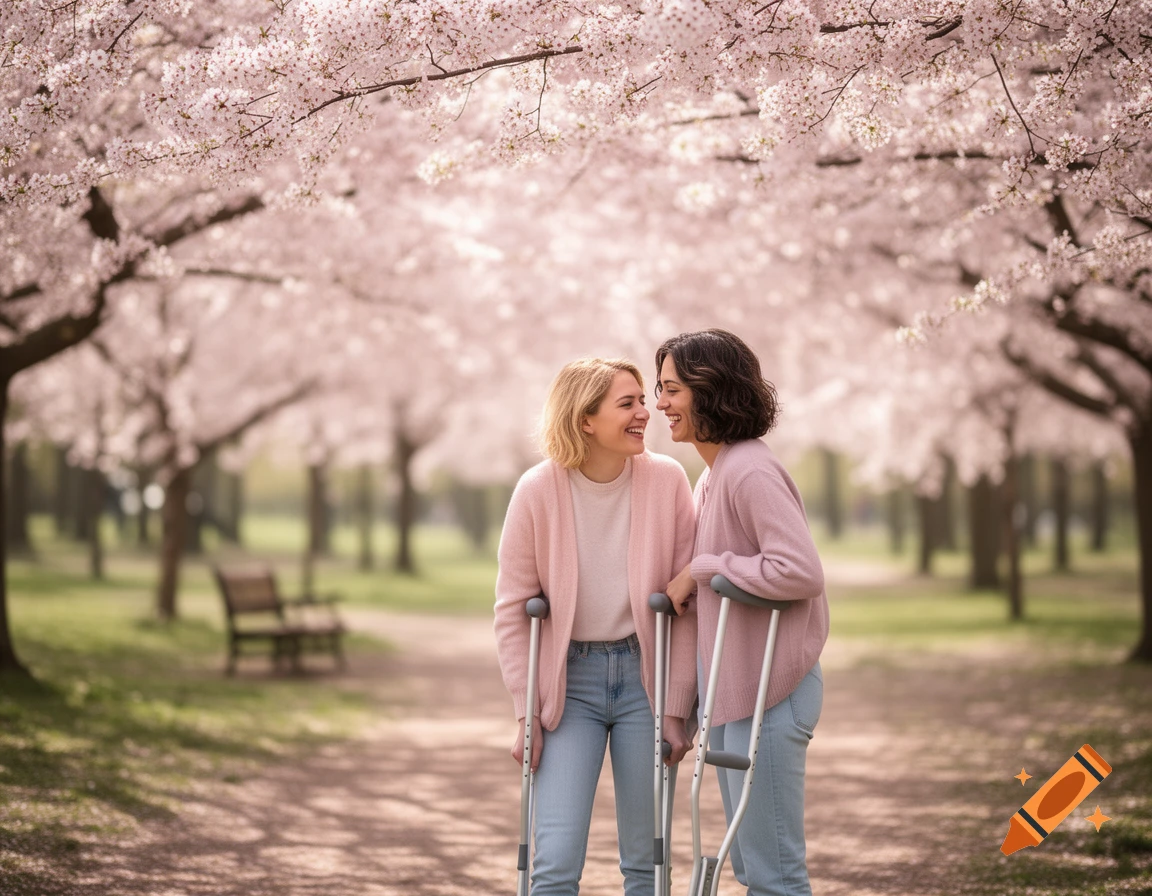 Two smiling women with crutches under cherry blossom trees in a park, photorealistic.
