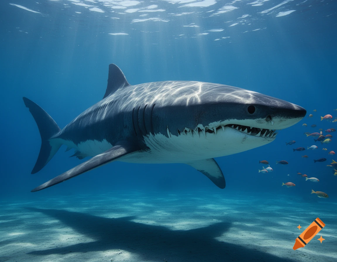 A large great white shark swims underwater, with sunlight rays piercing the surface and small fish in the distance.