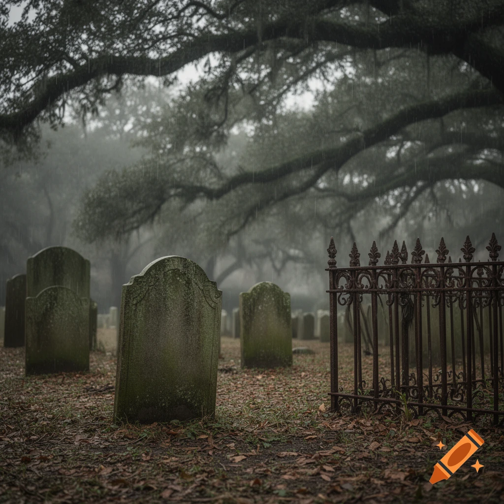 A misty, gloomy graveyard with weathered tombstones and a rusty iron fence under large, moss-draped trees, covered in fallen leaves.