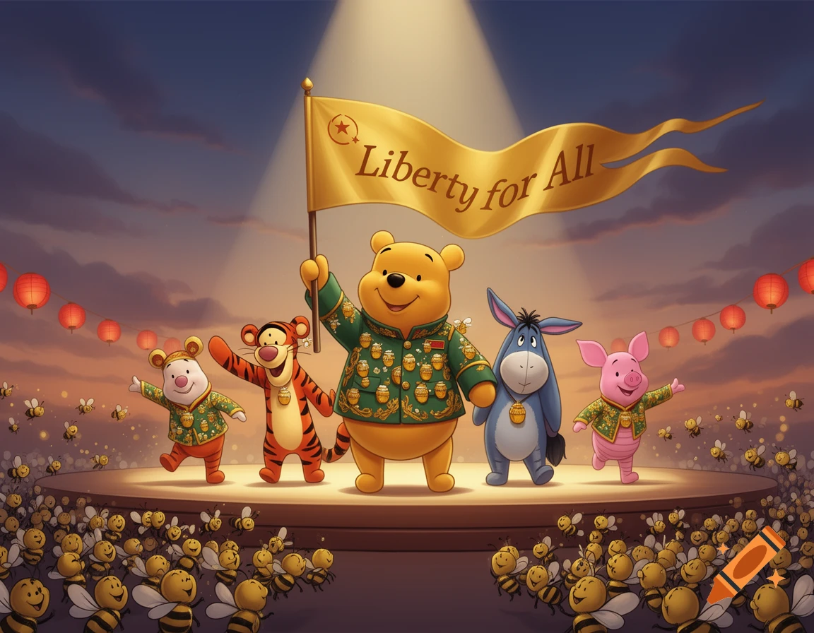 Winnie the Pooh and friends in military jackets on a stage, Pooh holds a 'Liberty for All' flag, surrounded by bees and lanterns.